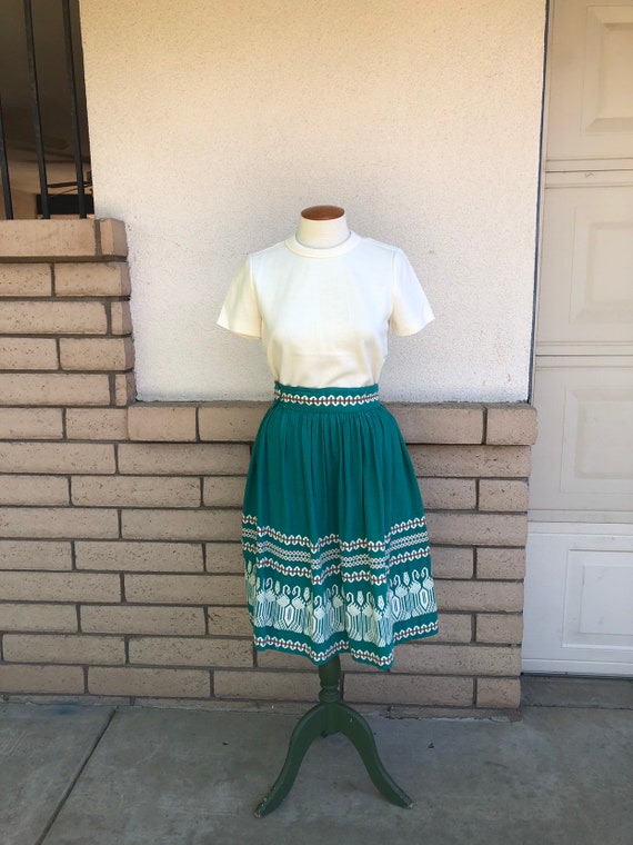 60s Embroidered Danish Skirt Vintage Green Orange Fit and Flare Skirt Oktoberfest Skirt Waist 26 Etsy