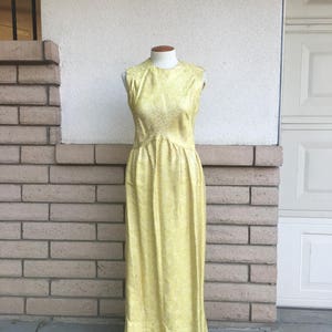 60s 70s Yellow Gold Brocade Maxi Party Dress Sleeveless Full Length Gown Medium