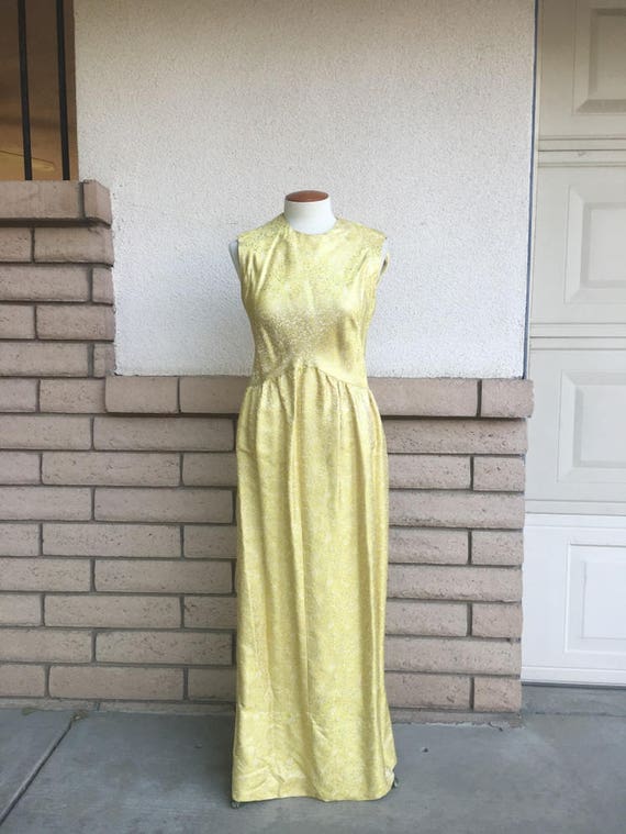 60s 70s Yellow Gold Brocade Maxi Party Dress Slee… - image 1