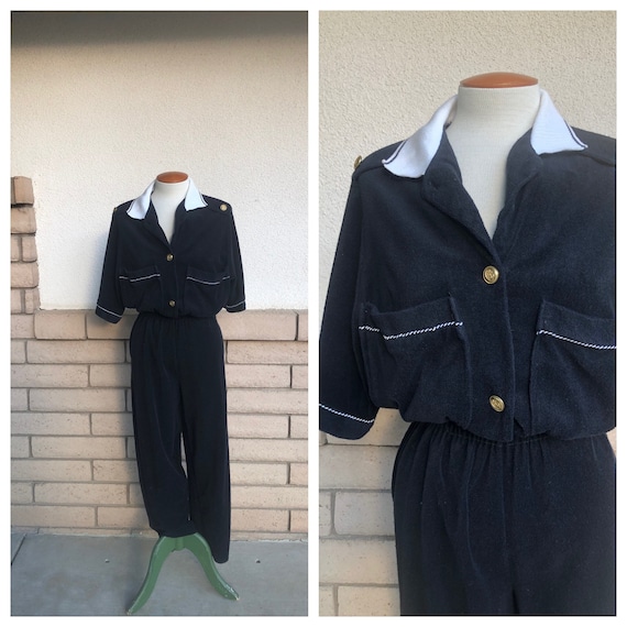 Vintage Black Terry Cloth Jumpsuit Tapered Leg wit