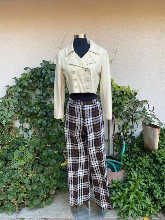 60s 70s Plaid Bell Bottoms Trousers Acrylic Brown 