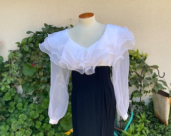 Vintage 80s Ruffled Party Dress Black White Chiffon Positively Ellen Size 10-12