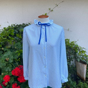 Vintage Polka Dot Blouse Secretary Shirt Ruffled Collar with Tie Puff Long Sleeves by Devon Union Label Size Medium