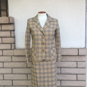 Vintage 60s Plaid Wool Skirt Suit Mustard High Waisted Pencil Skirt by Country Set Size Small