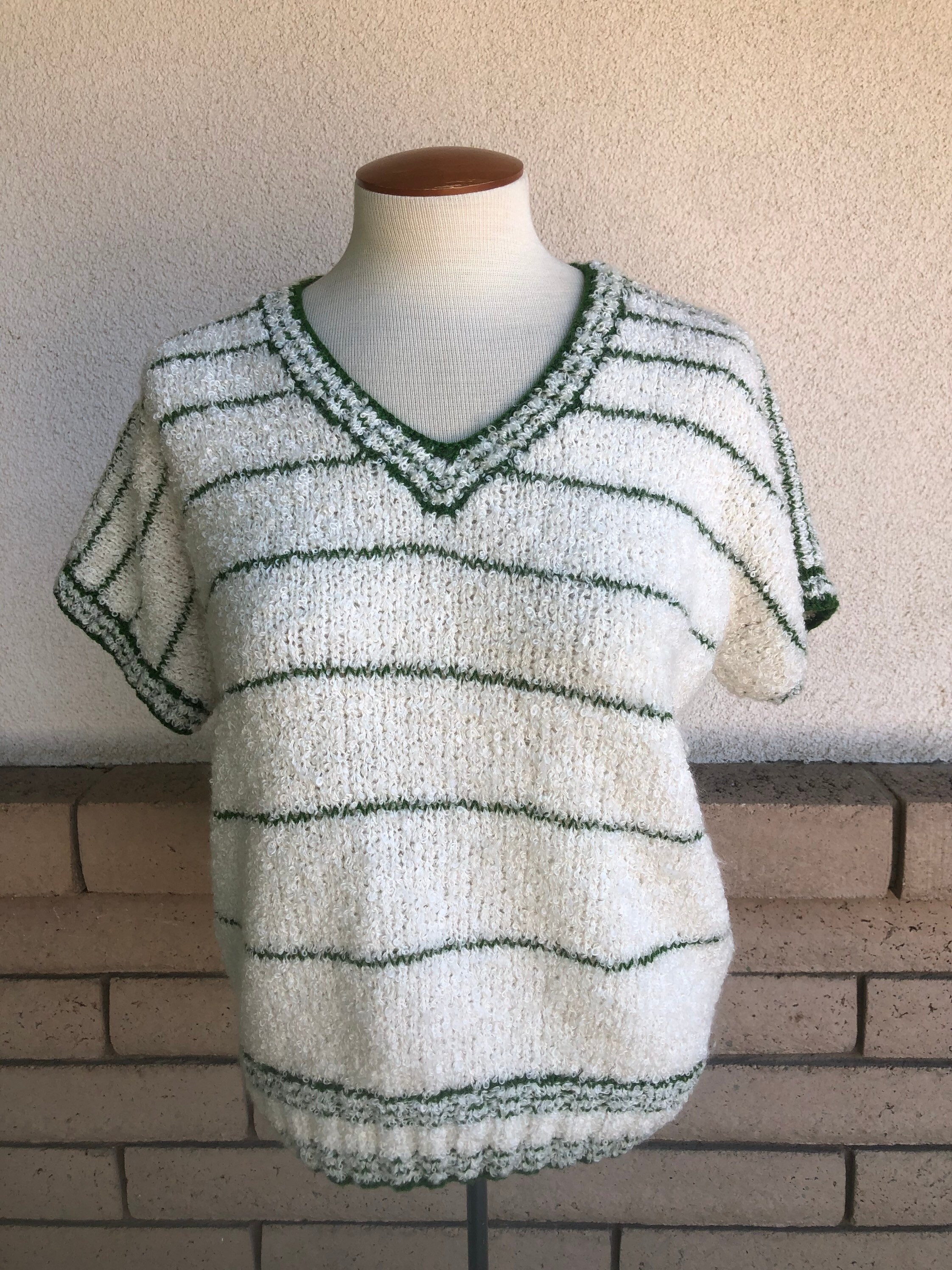 Boucle Sweater Top Handmade White Green 