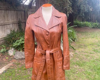 Vintage 70s Belted Leather Jacket Butterscotch Brown 1970s Womens Coat Size Small