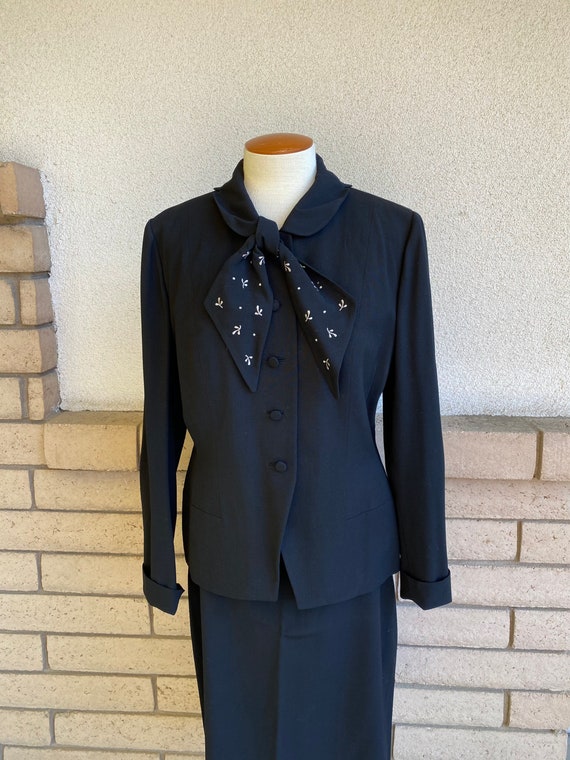 Vintage 50s Black Wool Skirt Suit Blazer Jacket a… - image 3