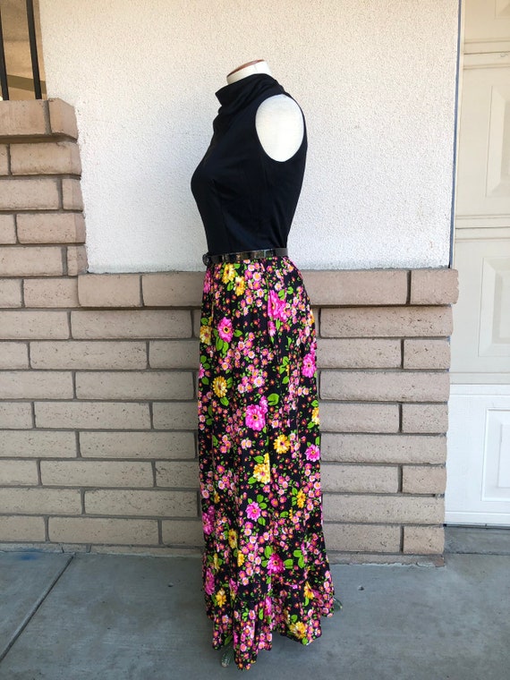 Vintage 70s Floral Maxi Dress Black Pink Yellow C… - image 4