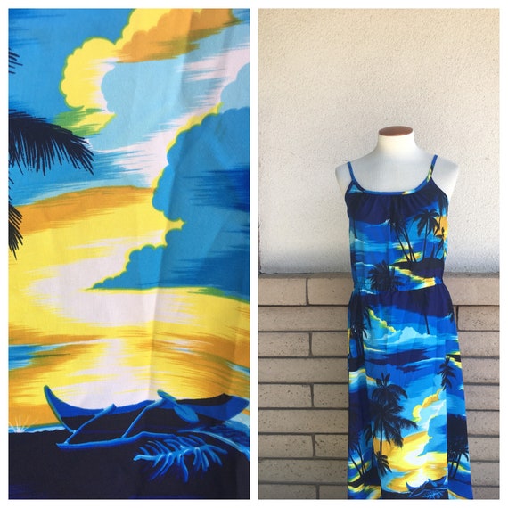 Vintage 80s Halter Hawaiian Dress Blue Yellow Sun… - image 1