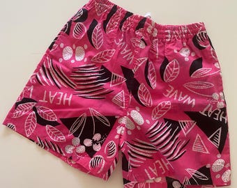Vintage Deadstock 90s "Heat Wave" Surf Shorts Pink Abstract Swim Shorts with Pockets Women Size M-L