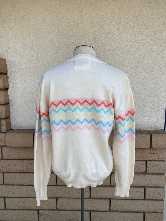 Vintage 70s Pastel Chevron Wool Sweater Ivory Str… - image 4