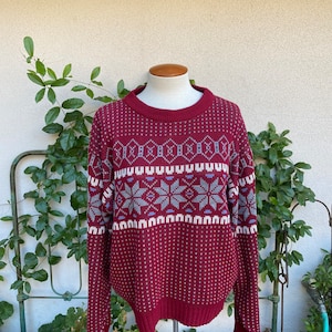 80s Steep Slopes Ski Sweater Fair Isle Snowflake Sweater Cranberry Gray Baby Blue Size XL