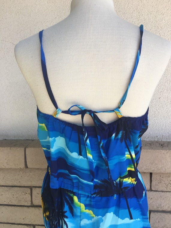 Vintage 80s Halter Hawaiian Dress Blue Yellow Sun… - image 5