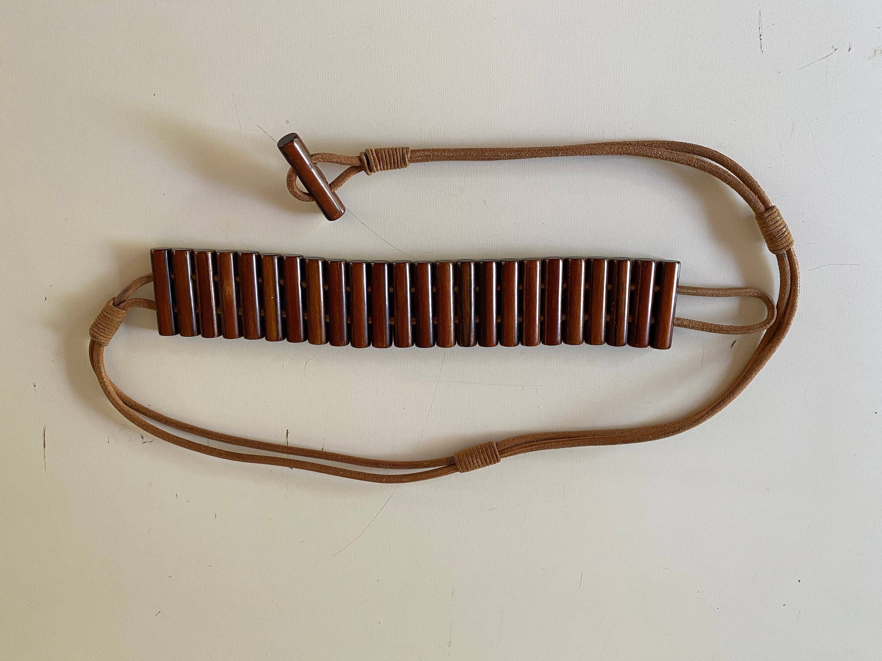80s Wood & Leather Belt Vintage Boho Fashion Belt Adjustable 