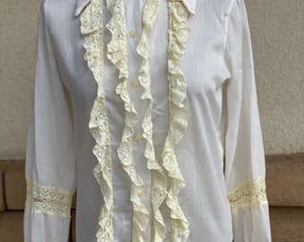 【60~70‘s】Vintage lace up shirt Vintage 70s Lace Button up Shirt // Winter White Semi Sheer Tuxedo