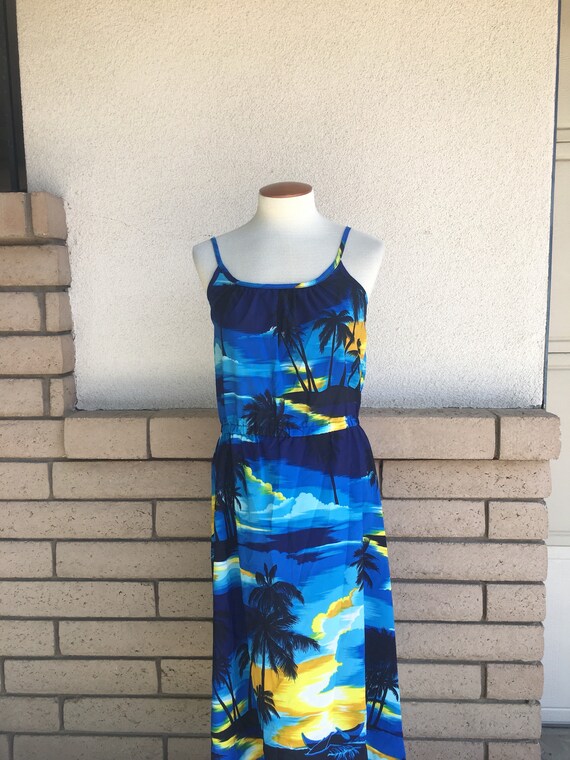 Vintage 80s Halter Hawaiian Dress Blue Yellow Sun… - image 2