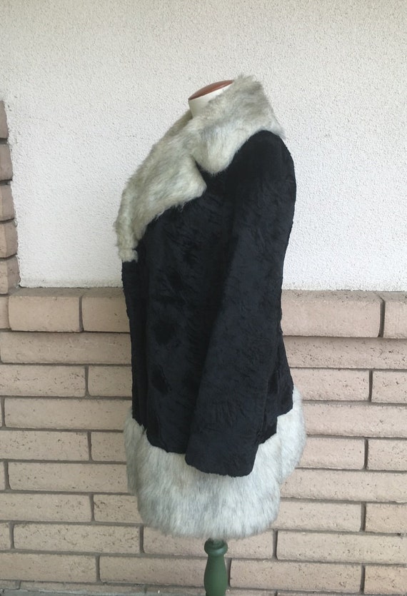 Vintage 60s 70s Faux Fur Coat Black + Gray Vegan … - image 3