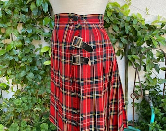 Vintage 60s Wool Kilt Mini Skirt Red Tartan Plaid by Florence Walsh Waist 24