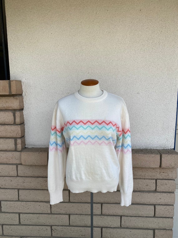 Vintage 70s Pastel Chevron Wool Sweater Ivory Str… - image 1