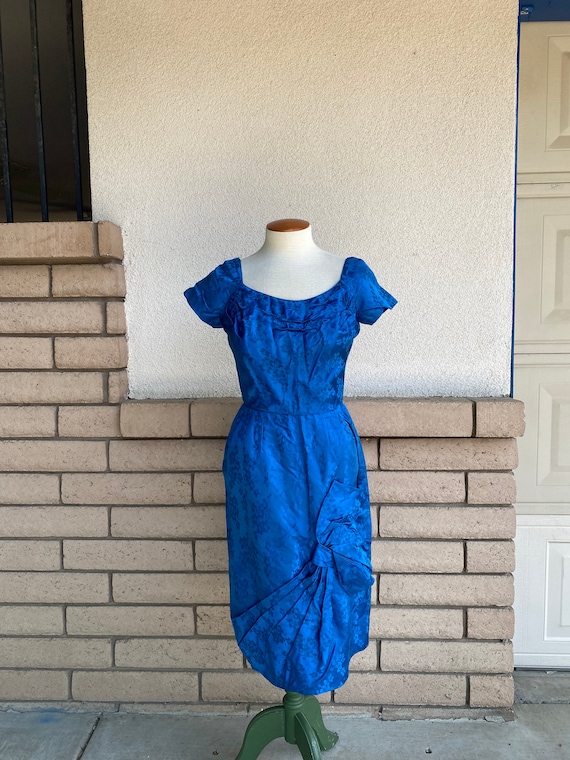 SALE Vintage 60s Brocade Dress Cobalt High Waisted Floral Midi Summer Party Sheath Dress with Bow Waist 25 XS