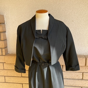 Vintage 40s Black Dress & Bolero Jacket // Midi Tapered Dress // Cap Sleeves // Cotton Rayon // Shoulder Pads by Barbette Waist 32