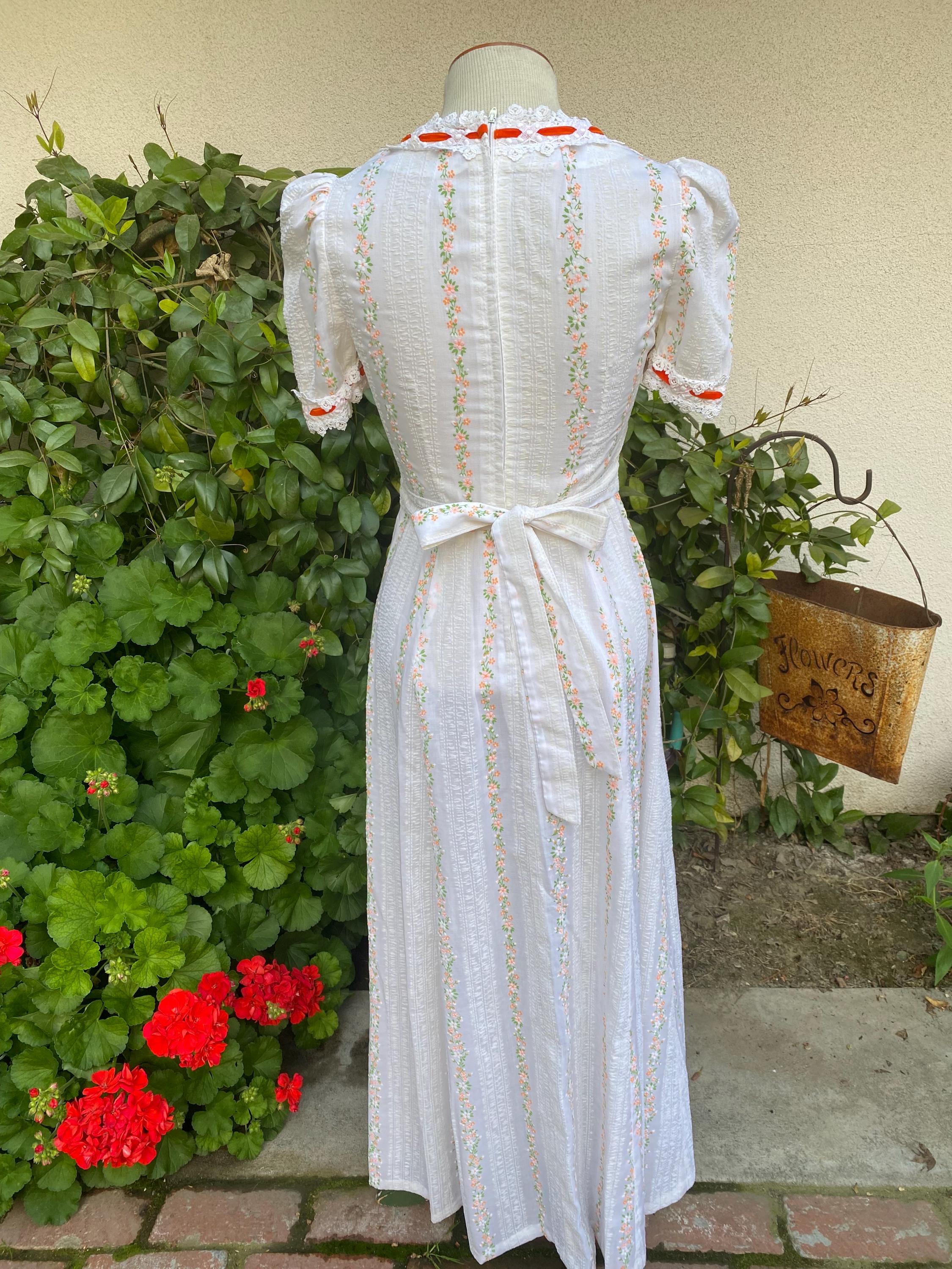 Vintage 70s Peasant Maxi Dress Empire Waist White Orange Flocked