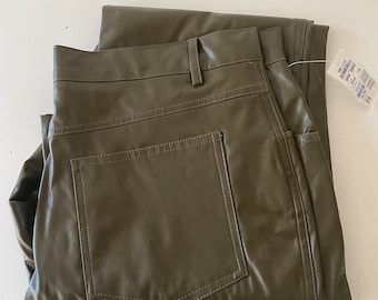 90s 00s NWT Olive Green Faux Leather Pants Vegan Straight Leg 5 Pocket Pleather Trousers Waist 36 36x31