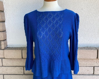 Indigo Pointelle Knit Skirt Suit Vintage 60s Sweater Top + A-Line Skirt 2 Piece Set Midi Length Size Medium-Large