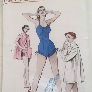 May include: Vintage sewing pattern for a swimsuit, a jacket, and a blouse. The pattern is from Butterick and is size 12, bust 30. The pattern is printed on white paper with a brown border and includes illustrations of the garments.