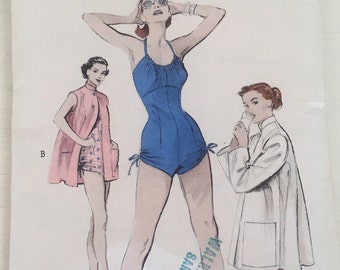 1950s Swimsuit & Beach Coat Sewing Pattern, Butterick 6536, Bust 30 (UNCUT)