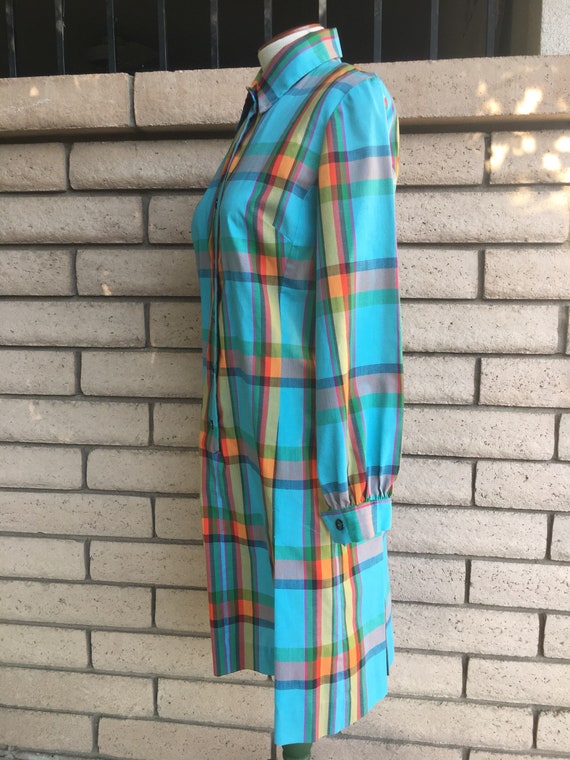 60s 70s Plaid Dress Turquoise Orange Checked Butt… - image 7