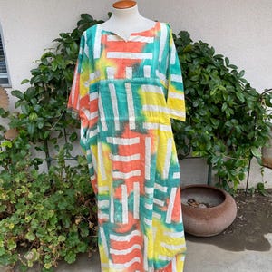 Vintage 70s Boho Caftan Dress White Orange Green Yellow Watercolor Hippie Maxi Dress One Size