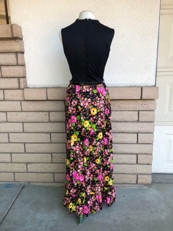 Vintage 70s Floral Maxi Dress Black Pink Yellow C… - image 6