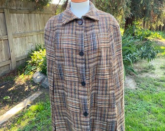 Vintage 60s 70s Autumnal Plaid Wool Tweed Cape Vogue Paris Original Small