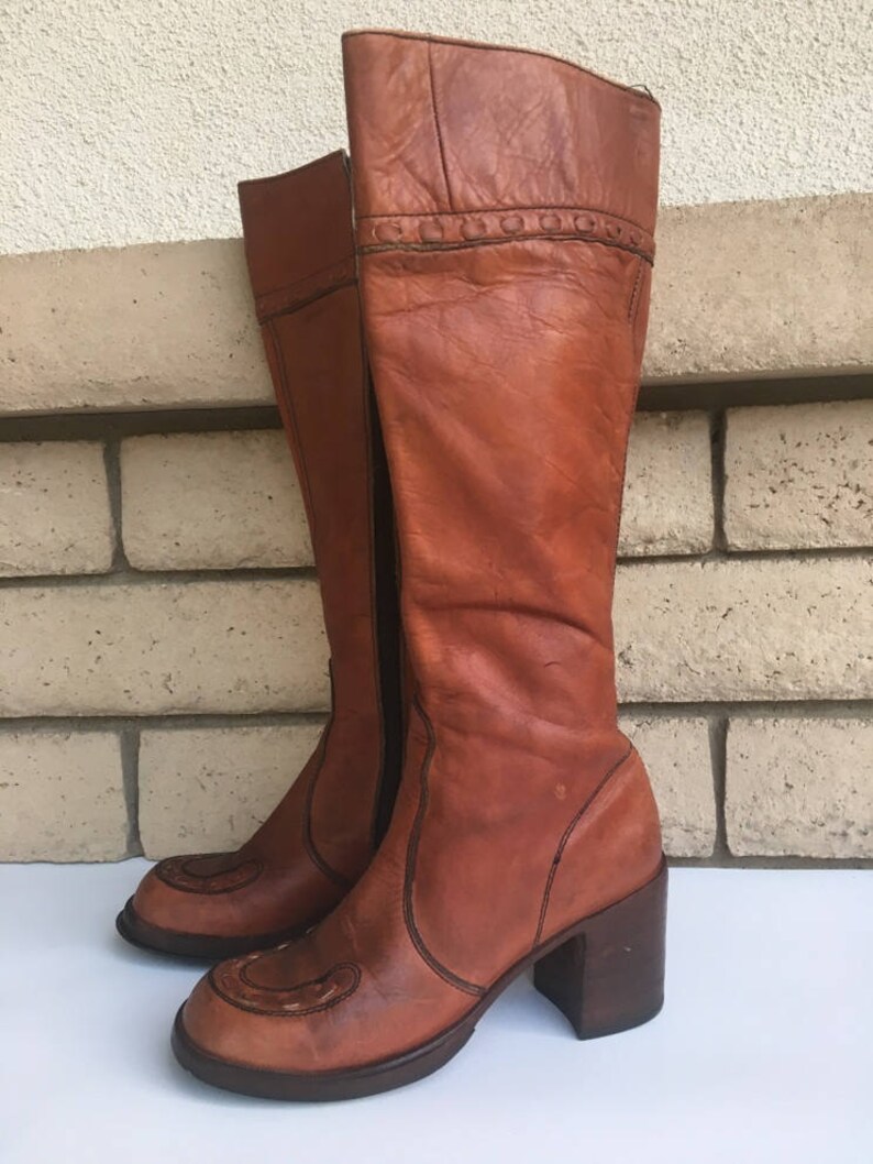 Vintage 70s Rust Woven Leather Knee High Boots Made in Uruguay Size 7 1/2 B image 3