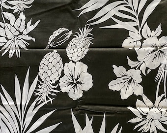 Vintage Hawaiian Fabric Black and White Pineapple Hibiscus Print Tropical Material JBJ Fabrics Inc. #50612 45" by 3 yards