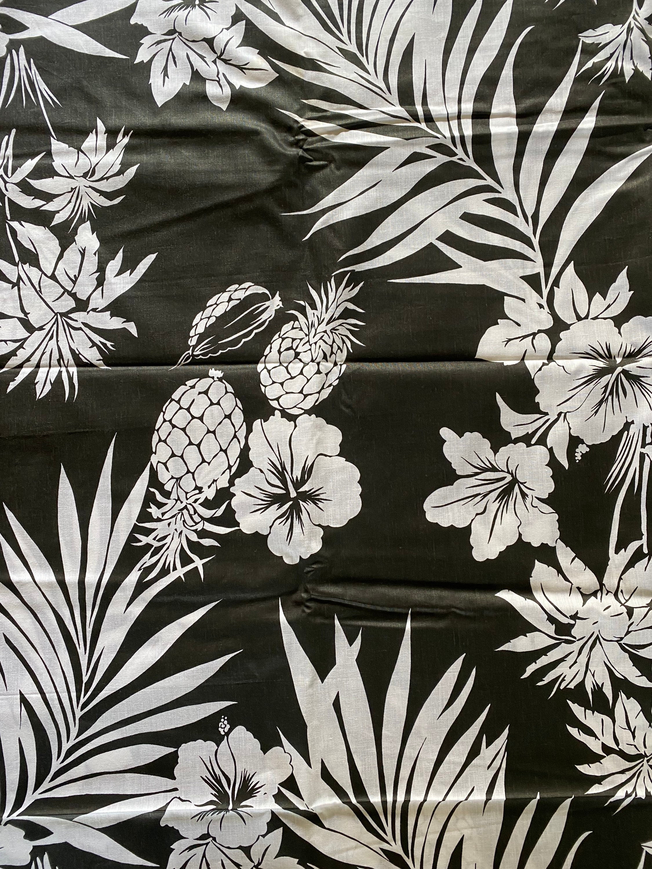 Vintage Hawaiian Fabric Black and White Pineapple Hibiscus Print