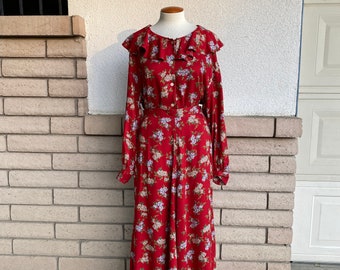 Vintage Red Ruffled Floral Skirt Dress Set by Lizsport Maxi Holiday Dress Size Large