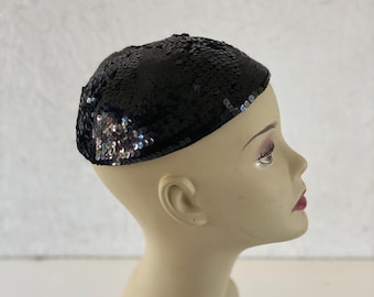 Vintage 50s Black Sequin Half Hat with Hat Pins Dressy Party Mini Hat 1940s 1950s Women Hat New York Creation