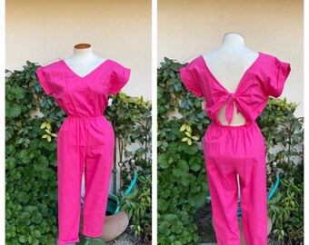 Vintage NWT Open Back Jumpsuit Hot Pink Cotton Summer Tapered Leg Pockets Romper Short Sleeve Size XS