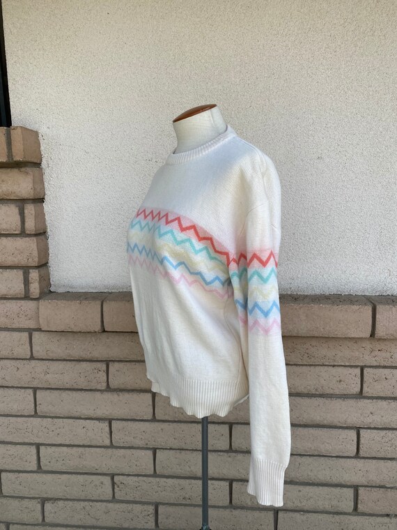 Vintage 70s Pastel Chevron Wool Sweater Ivory Str… - image 3