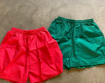 90s Cheetah Sport Track Shiny Shorts Pockets Solid Red Green Nylon Athletic Shorts Women Medium Men Small Waist 25-32