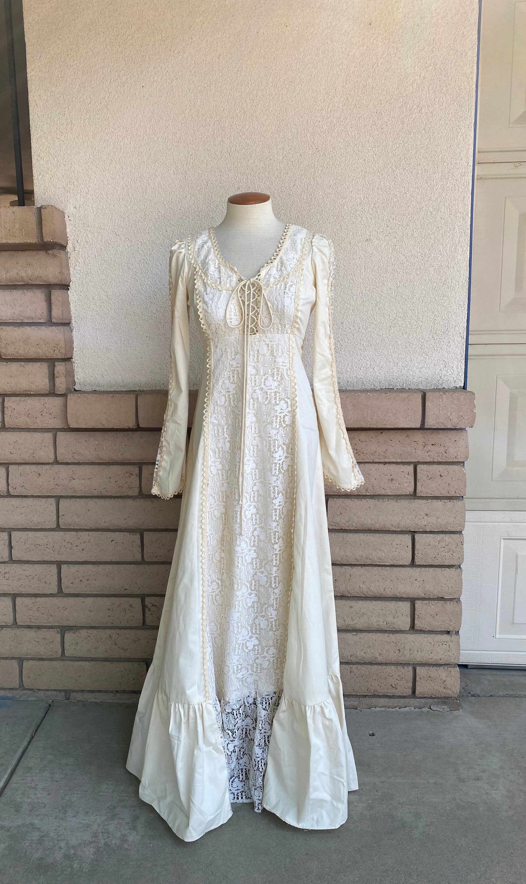 Vintage 70s Gunne Sax Dress Lace up Corset Maxi Dress Beige