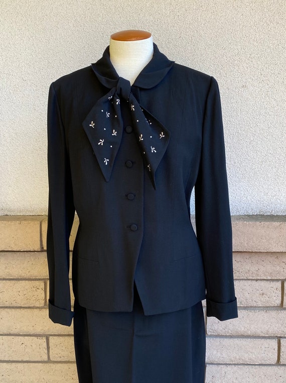 Vintage 50s Black Wool Skirt Suit Blazer Jacket a… - image 2