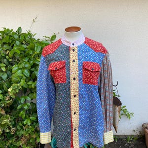 Vintage 70s Floral Western Shirt Calico Print Tapered Fit Mandarin Collar Top Long Sleeve Size Women Large