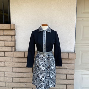 60s 70s Metallic Dress Black Silver Psychedelic Brocade Belted High Waist Boho Party Dress by Leslie Fay Waist 26