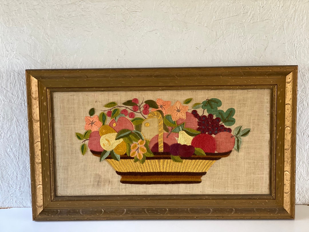 Vintage Oversized Crewel Embroidered Fruit Basket Still Life Framed 35x20 Etsy