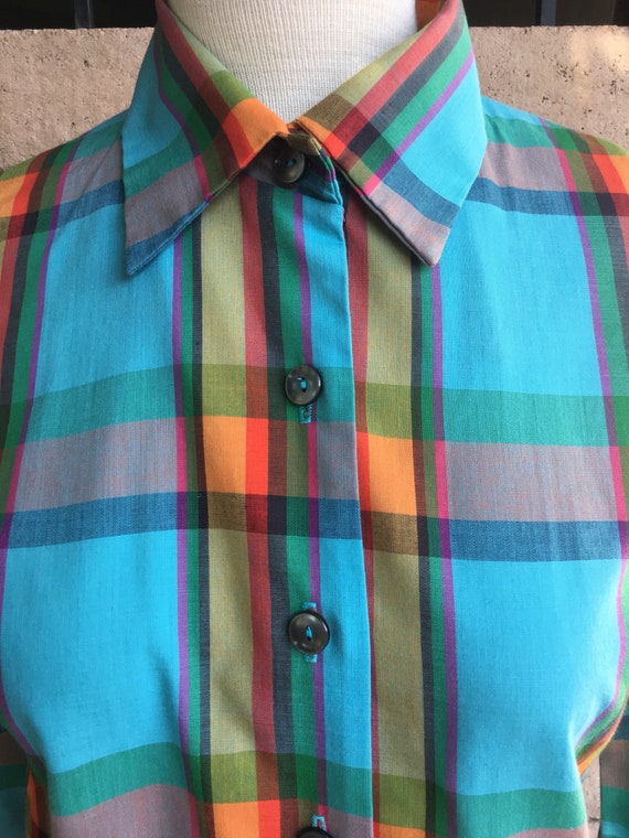 60s 70s Plaid Dress Turquoise Orange Checked Butt… - image 2