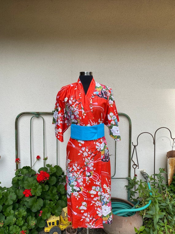 Vintage Red Floral Cotton Japanese Kimono Full Length Belted Kimono Robe Made in Japan Size XS S Etsy