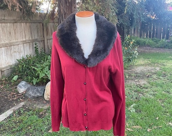 Vintage Faux Fur Collar Cardigan Sweater Cranberry Red Black Faux Fur Button Up Light Weight Sweater Size XL-XXL